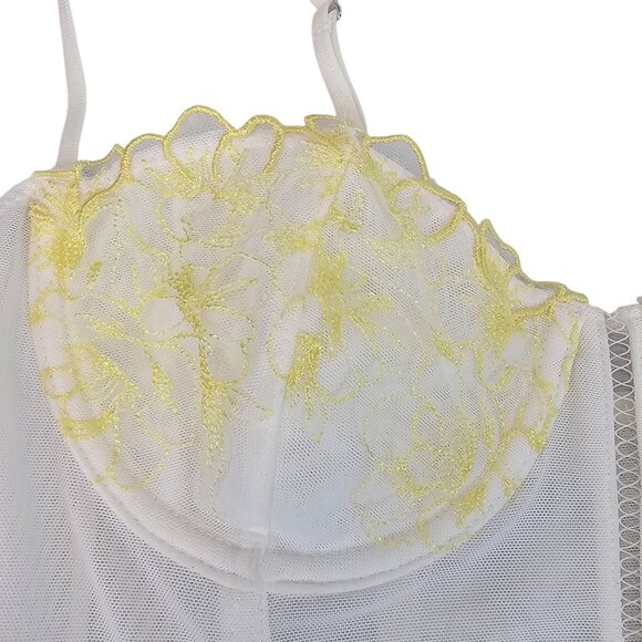 Y2K Festival Party Dainty White Lace Yellow Floral Corset‎ Crop Top White Fox M - Picture 8 of 12